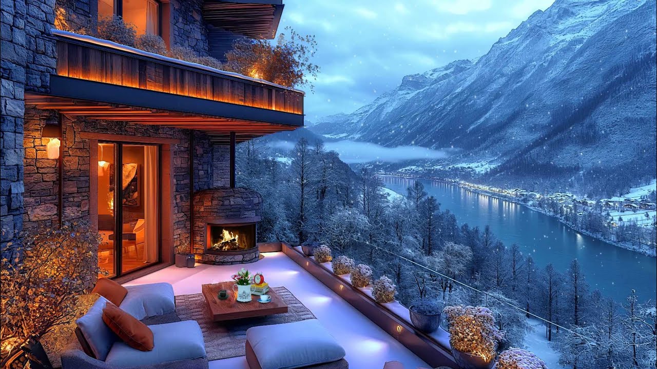 Warm Balcony Winter Space in the Mountains ?? Smooth Jazz Music & Snowy Scene, Fireplace for Relax